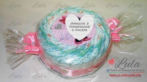 torta di pannolini pampers lula creazioni personalizzata nome bebè idea regalo utile originale particolare economica nascita battesimo baby shower shop online spedizioni italia ancona milano torino caramella rosa femmina bambina minnie