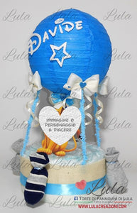 Torte di pannolini di Lula Creazioni - Mongolfiera personalizzabile Re leone Simba azzurra maschio gravidanza pampers utile bella originale bavaglino shop online spedizioni italia ancona idea regalo baby shower nascita battesimo neonato