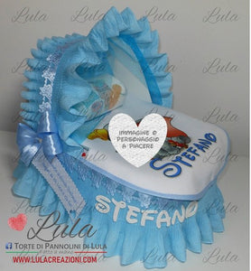 Torta di pannolini CULLA carrozzina + Bavaglino personalizzato nome dedica - Torte di Pannolini di Lula idea regalo bella utile originale pampers gravidanza nascita baby shower battesimo maschio femmina azzurro celeste rosa blu fucsia. shop online spedizioni italia ancona dumbo