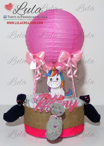 Torte di pannolini di Lula Creazioni - Mongolfiera personalizzabile Minnie rosa femmina gravidanza pampers utile bella originale bavaglino shop online spedizioni italia ancona idea regalo baby shower nascita battesimo neonato unicorno