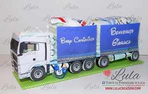 Torte di pannolini di Lula Creazioni - baby camionista - Pampers - cisterna autobotte camion autotreno idea regalo nascita battesimo baby shower pampers utile originale particolare maschio azzurro unico personalizzato shop online spedizioni italia ancona milano sicilia sardegna