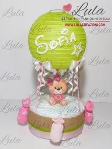 Torte di pannolini di Lula Creazioni - Mongolfiera personalizzabile Minnie rosa femmina gravidanza pampers utile bella originale bavaglino shop online spedizioni italia ancona idea regalo baby shower nascita battesimo neonato