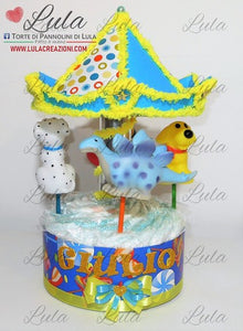 Torta di pannolini Lula Creazioni Giostra Pampers idea regalo nascita battesimo baby shower maschio femmina gravidanza pampers utile bella originale bavaglino shop online spedizioni italia ancona