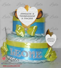 Carica l&#39;immagine nel visualizzatore di Gallery, Torta di pannolini pampers lula creazioni Minnie rosa femmina bimba bambina gemelle idea regalo nascita battesimo baby shower shop online spedizioni italia ancona milano torino bologna maschio azzurro celeste bimbo re leone simba
