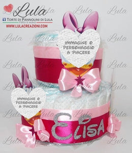 Torta di pannolini pampers lula creazioni Minnie rosa femmina bimba bambina gemelle idea regalo nascita battesimo baby shower shop online spedizioni italia ancona milano torino bologna paperina 