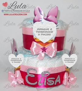 Torta di pannolini pampers lula creazioni Minnie rosa femmina bimba bambina gemelle idea regalo nascita battesimo baby shower shop online spedizioni italia ancona milano torino bologna paperina