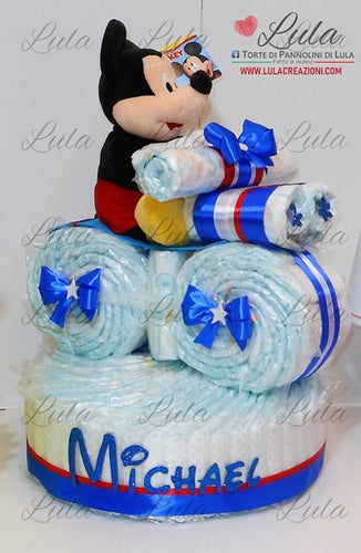 Torta di pannolini pampers lula creazioni moto bicicletta peluche topolino azzurro maschio bimbo bambino idea regalo nascita battesimo baby shower utile originale particolare shop online spedizioni italia ancona roma milano torino