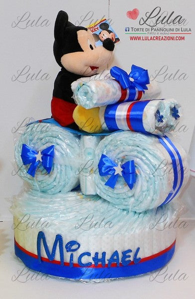 Torta di pannolini pampers lula creazioni moto bicicletta peluche topolino azzurro maschio bimbo bambino idea regalo nascita battesimo baby shower utile originale particolare shop online spedizioni italia ancona roma milano torino