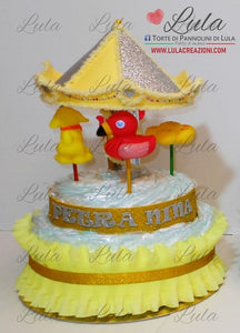 Torta di pannolini Lula Creazioni Giostra Pampers idea regalo nascita battesimo baby shower maschio femmina unisex gialla gravidanza pampers utile bella originale particolare shop online spedizioni italia ancona milano torino