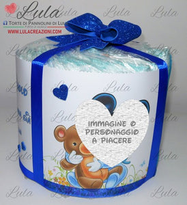 Torta di pannolini PACCO REGALO Grande + Prodotti igiene - Lula Creazioni- fiocco blu maschio Topolino idea regalo gravidanza nascita battesimo baby shower neonato bella utile originale shop online spedizioni italia ancona