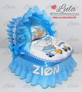 Torta di pannolini CULLA - carrozzina piccola + bavaglino azzurro celeste blu maschio rosa femmina Lula Creazioni idea regalo utile originale nascita battesimo baby shower shop online spedizioni italia ancona pampers bella