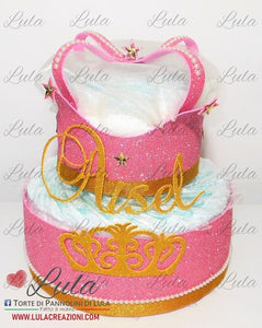 Torta di pannolini corona principessa pampers lula creazioni idea regalo nascita battesimo utile originale particolare bimba rosa shop online spedizioni italia milano ancona torino bologna