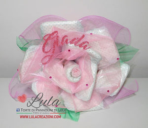 Torte di pannolini di Lula Creazioni - fiore rosa rosellina idea regalo nascita battesimo babyshower rosa femmina gravidanza pampers utile bella originale bavaglino shop online spedizioni italia ancona