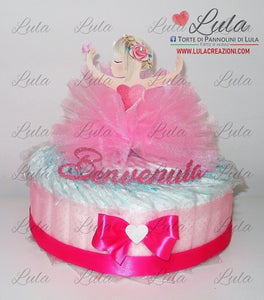 Torta di pannolini Pampers Lula Creazioni bimba femmina bambina rosa ballerina elegante economica utile idea regalo nascita battesimo baby shower shop online italia milano ancona bologna