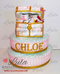 Torta di pannolini SCRIGNO  grande 2 Piani + Prodotti igiene - Lula Creazioni- rosa femmina  prodotti igiene idea regalo gravidanza nascita battesimo baby shower neonato bella utile originale shop online spedizioni italia milano trento