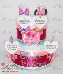 Torta di pannolini pampers lula creazioni Minnie rosa femmina bimba bambina gemelle idea regalo nascita battesimo baby shower shop online spedizioni italia ancona milano torino bologna paperina gemelle