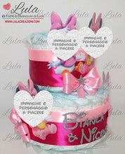 Carica l&#39;immagine nel visualizzatore di Gallery, Torta di pannolini pampers lula creazioni Minnie rosa femmina bimba bambina gemelle idea regalo nascita battesimo baby shower shop online spedizioni italia ancona milano torino bologna paperina gemelli
