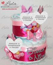 Carica l&#39;immagine nel visualizzatore di Gallery, Torta di pannolini pampers lula creazioni Minnie rosa femmina bimba bambina gemelle idea regalo nascita battesimo baby shower shop online spedizioni italia ancona milano torino bologna paperina gemelli
