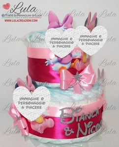 Torta di pannolini pampers lula creazioni Minnie rosa femmina bimba bambina gemelle idea regalo nascita battesimo baby shower shop online spedizioni italia ancona milano torino bologna paperina gemelli