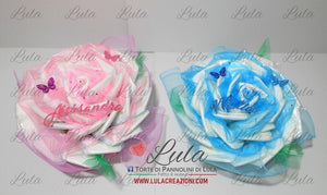 Torta di pannolini di Lula Creazioni - fiore rosa rosellina idea regalo nascita battesimo babyshower rosa femmina gravidanza pampers utile bella originale bavaglino shop online spedizioni italia ancona maschio azzurro