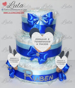 Torta di pannolini CARTOONS a 3 Piani - Torte di Pannolini di Lula Minnie Topolino Pampers personalizzabile fucsia celeste azzurra maschio femmina rosa verde idea regalo gravidanza nascita battesimo baby shower neonato bella utile originale shop online spedizioni italia ancona personalizzabile Topolino