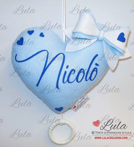 Torte di Pannolini di Lula Creazioni - Carillon personalizzabile nome dedica- hand made - cuore fiocco azzurro blu celeste maschio