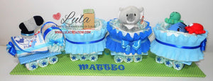 Torta di pannolini Pampers Treno Lula Creazioni peluche trenino azzurro maschio idea regalo nascita battesimo baby shower originale utile gravidanza neonato bella shop online spedizioni italia ancona