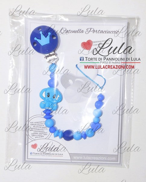 catenella portaciuccio elefante elefantino dumbo celeste azzurro maschio personalizzata nome bimbo maschio azzurro celeste idea regalo utile particolare baby shower nascita battesimo spedizioni italia ancona milano napoli venezia shop online