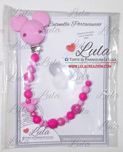 Carica l&#39;immagine nel visualizzatore di Gallery, catenella portaciuccio Minnie rosa femmina fucsia personalizzata nome bimbo maschio azzurro celeste idea regalo utile particolare baby shower nascita battesimo spedizioni italia ancona milano napoli venezia shop online
