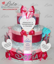 Carica l&#39;immagine nel visualizzatore di Gallery, Torta di pannolini CARTOONS a 3 Piani - Torte di Pannolini di Lula Minnie Topolino Pampers personalizzabile fucsia celeste azzurra maschio femmina rosa verde idea regalo gravidanza nascita battesimo baby shower neonato bella utile originale shop online spedizioni italia ancona personalizzabile prodotti igiene
