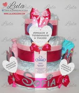 Torta di pannolini CARTOONS a 3 Piani - Torte di Pannolini di Lula Minnie Topolino Pampers personalizzabile fucsia celeste azzurra maschio femmina rosa verde idea regalo gravidanza nascita battesimo baby shower neonato bella utile originale shop online spedizioni italia ancona personalizzabile prodotti igiene