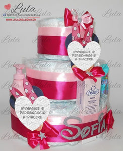 Torta di pannolini CARTOONS a 3 Piani - Torte di Pannolini di Lula Minnie Topolino Pampers personalizzabile fucsia celeste azzurra maschio femmina rosa verde idea regalo gravidanza nascita battesimo baby shower neonato bella utile originale shop online spedizioni italia ancona personalizzabile prodotti igiene