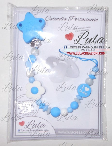 catenella portaciuccio love mom mamma dad papà celeste azzurro maschio personalizzata nome bimbo maschio azzurro celeste idea regalo utile particolare baby shower nascita battesimo spedizioni italia ancona milano napoli venezia shop online