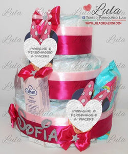 Torta di pannolini CARTOONS a 3 Piani - Torte di Pannolini di Lula Minnie Topolino Pampers personalizzabile fucsia celeste azzurra maschio femmina rosa verde idea regalo gravidanza nascita battesimo baby shower neonato bella utile originale shop online spedizioni italia ancona personalizzabile prodotti igiene