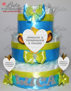 Torta di pannolini CARTOONS a 3 Piani - Torte di Pannolini di Lula Minnie Topolino Pampers personalizzabile fucsia celeste azzurra maschio femmina rosa verde idea regalo gravidanza nascita battesimo baby shower neonato bella utile originale shop online spedizioni italia ancona personalizzabile re leone simba