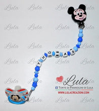 Carica l&#39;immagine nel visualizzatore di Gallery, catenella portaciuccio topolino personalizzata nome bimbo maschio azzurro celeste blu idea regalo utile particolare baby shower nascita battesimo spedizioni italia ancona milano napoli venezia shop online
