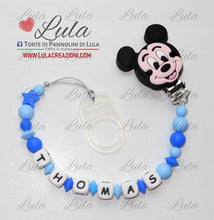 Carica l&#39;immagine nel visualizzatore di Gallery, catenella portaciuccio topolino personalizzata nome bimbo maschio azzurro celeste blu idea regalo utile particolare baby shower nascita battesimo spedizioni italia ancona milano napoli venezia shop online
