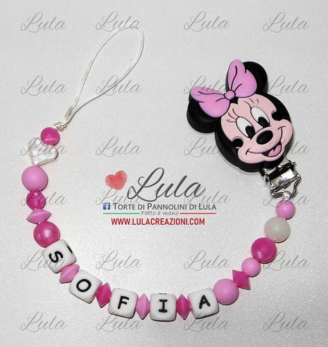 catenella portaciuccio minnie personalizzata nome bimba femmina rosa fucsia perla idea regalo utile particolare baby shower nascita battesimo spedizioni italia ancona milano napoli venezia shop online