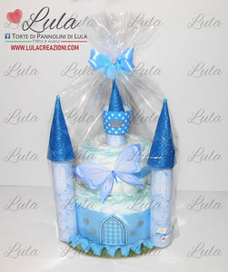 Torta di pannolini castello rosa farfalle Lula Creazioni bella elegante originale utile idea regalo femmina nascita battesimo baby shower shop online spedizioni Italia Ancona come si fa Pampers