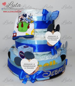 Torta di pannolini + Regalini TOPOLINO / MINNIE - Torte di Pannolini di Lula Minnie Topolino Pampers personalizzabile fucsia celeste azzurra maschio femmina rosa verde idea regalo gravidanza nascita battesimo baby shower neonato bella utile originale shop online spedizioni italia ancona personalizzabile