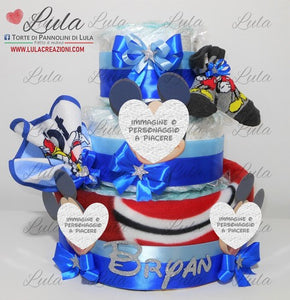 Torta di pannolini + Regalini TOPOLINO / MINNIE - Torte di Pannolini di Lula Minnie Topolino Pampers personalizzabile fucsia celeste azzurra maschio femmina rosa verde idea regalo gravidanza nascita battesimo baby shower neonato bella utile originale shop online spedizioni italia ancona personalizzabile