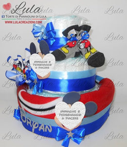 Torta di pannolini + Regalini TOPOLINO / MINNIE - Torte di Pannolini di Lula Minnie Topolino Pampers personalizzabile fucsia celeste azzurra maschio femmina rosa verde idea regalo gravidanza nascita battesimo baby shower neonato bella utile originale shop online spedizioni italia ancona personalizzabile