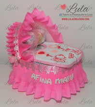 Carica l&#39;immagine nel visualizzatore di Gallery, Torta di pannolini CULLA - carrozzina piccola + bavaglino azzurro celeste blu maschio rosa femmina Lula Creazioni idea regalo utile originale nascita battesimo baby shower shop online spedizioni italia ancona pampers bella
