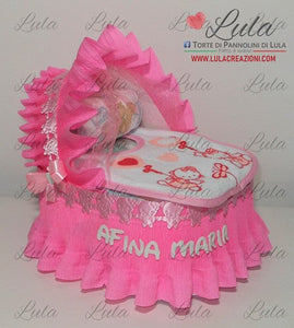 Torta di pannolini CULLA - carrozzina piccola + bavaglino azzurro celeste blu maschio rosa femmina Lula Creazioni idea regalo utile originale nascita battesimo baby shower shop online spedizioni italia ancona pampers bella