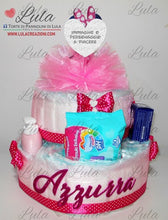 Carica l&#39;immagine nel visualizzatore di Gallery, Torta di pannolini pon pon personaggio a piacere topolino minnie principessa unisex maschio femmina rosa azzurro celeste giallo fucsia rosso verde idea regalo bella utile originale pampers nascita neonato gravidanza baby shower battesimo shop online spedizioni italia ancona Torte di Pannolini di Lula Creazioni prodotti igiene Minnie Topolino
