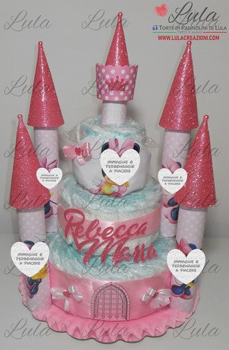 Torta di Pannolini CASTELLO Simple - Lula Creazioni - femmina rosa + bavaglino personalizzato Minnie
