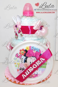 torta di pannolini Lula Creazioni pampers idea regalo utile originale particolare bella gravidanza baby shower nascita battesimo minnie set pappa piatto rosa femmina shop online spedizione Italia Ancona Milano Torino Bologna