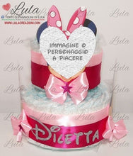 Carica l&#39;immagine nel visualizzatore di Gallery, Torta di pannolini pampers lula creazioni Minnie rosa femmina bimba bambina gemelle idea regalo nascita battesimo baby shower shop online spedizioni italia ancona milano torino bologna paperina
