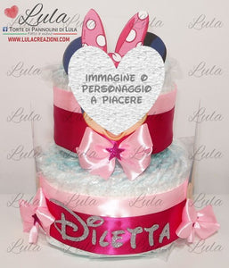 Torta di pannolini pampers lula creazioni Minnie rosa femmina bimba bambina gemelle idea regalo nascita battesimo baby shower shop online spedizioni italia ancona milano torino bologna paperina