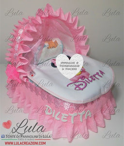 Torta di pannolini CULLA carrozzina + Bavaglino personalizzato nome dedica - Torte di Pannolini di Lula idea regalo bella utile originale pampers gravidanza nascita baby shower battesimo maschio femmina azzurro celeste rosa blu fucsia. shop online spedizioni italia ancona minnie